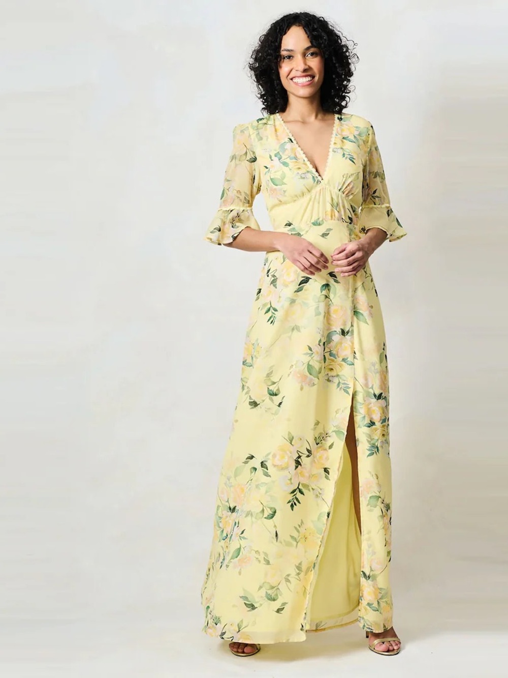 Yellow Floral V-Neck Maxi Dress with Front Slit